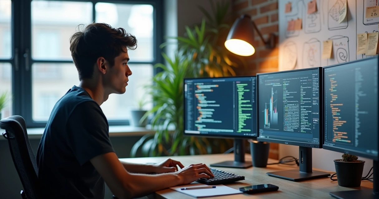Startup developer analyzing technical debt on multiple screens with code and charts 