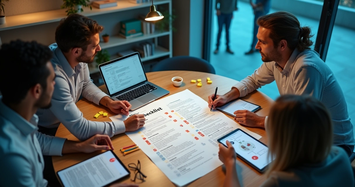 Time de startup revendo checklist jurídico em mesa redonda com cenário de disputa societária ao fundo 