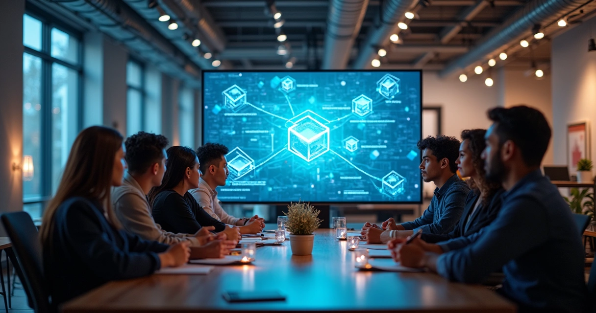 Equipe de startup reunida diante de tela discutindo projetos de blockchain 