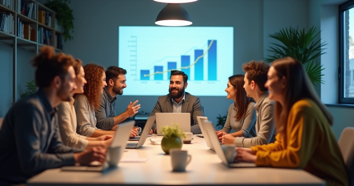 Equipe de startup reunida com novo líder ao centro e clima de confiança e celebração 