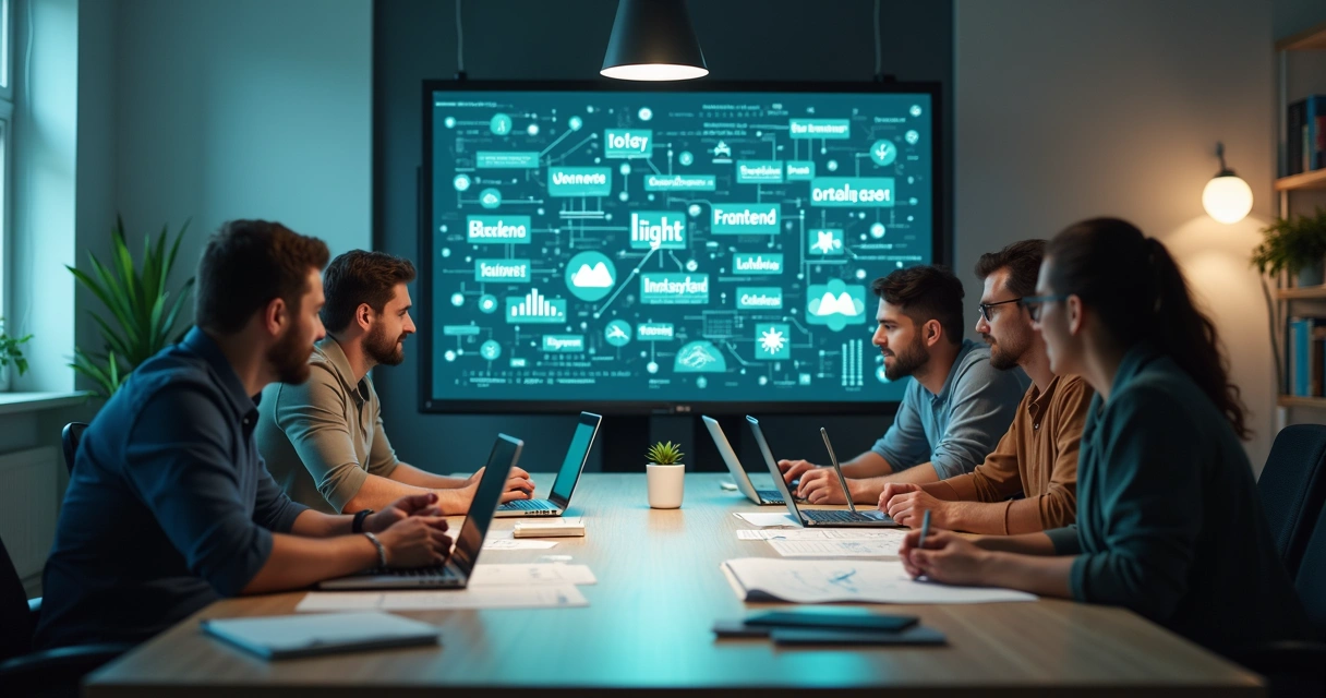 Equipe de startup discutindo stack de tecnologia 