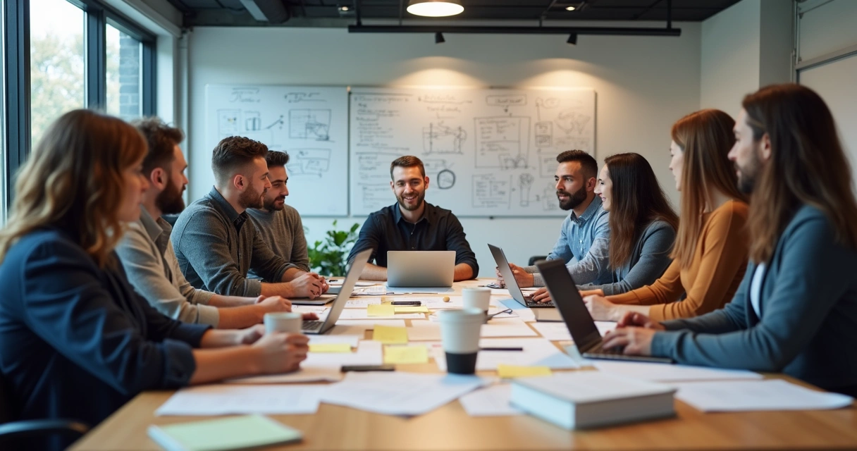 Equipe reunida em mesa com computadores e anotações, planejando o lançamento de software SaaS. 