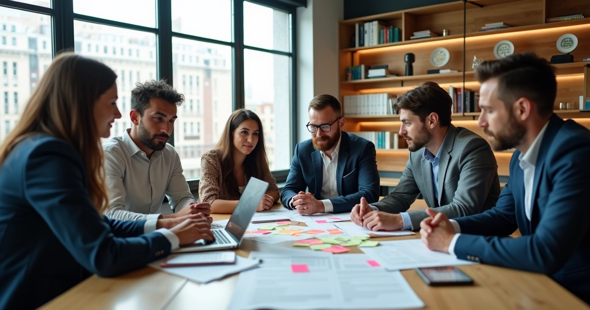 Equipe de startup discutindo regulamentos em uma sala moderna 