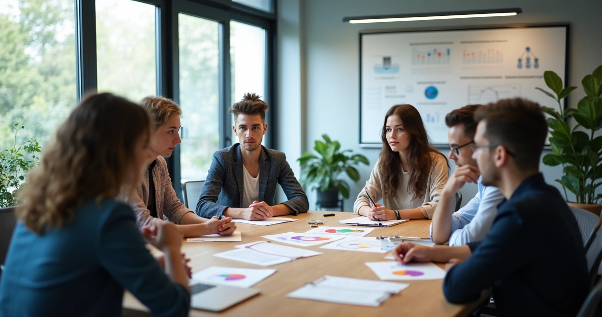 Equipe de uma startup analisando papéis em uma mesa durante uma reunião de planejamento tributário 