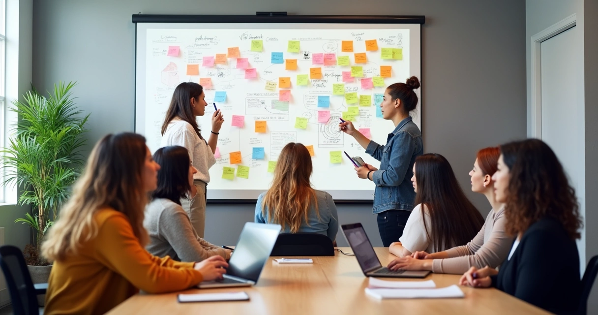 Equipe multifuncional de startup de tecnologia discutindo quadro branco com fluxos e post its 