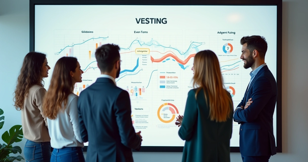 Equipe de startup trabalhando em frente a quadro branco com gráficos e metas 