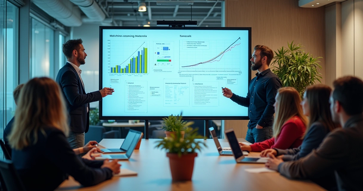 Time pequeno reunido em sala de startup, painel com métricas machine learning 