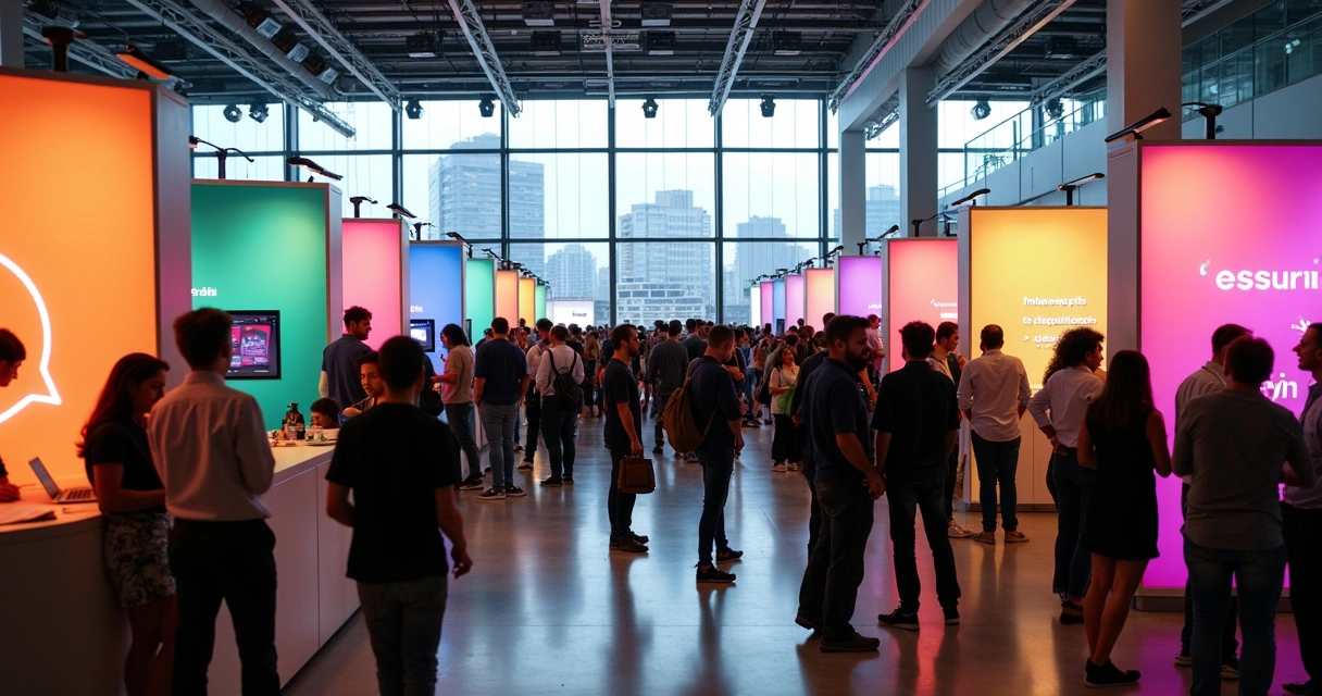 Pessoas conversando em um evento de startups em São Paulo. 