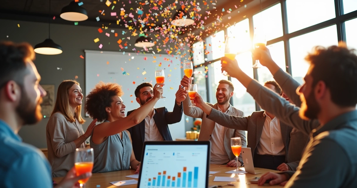 Startup team celebrating successful exit 