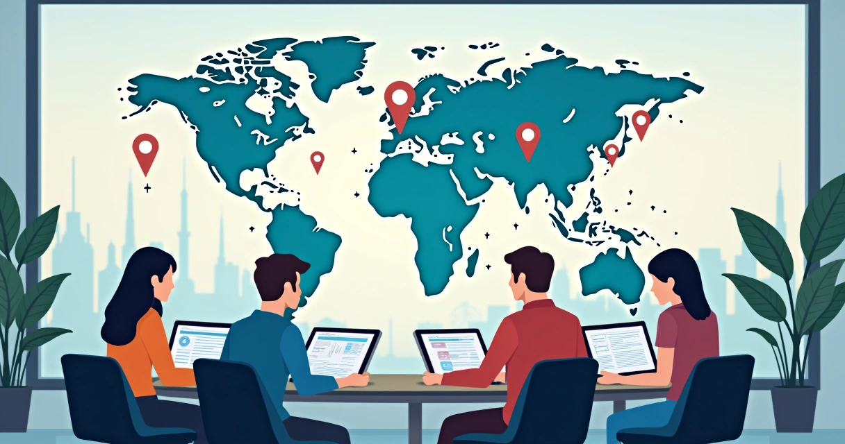 Equipe de startup analisando mapas mundiais para expansão profissional 