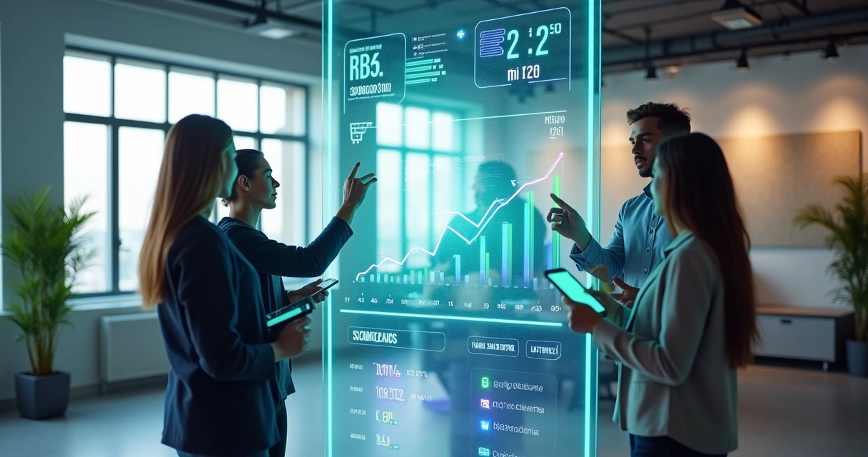 Equipe de startup de marketing analisando painel digital com números de crescimento 