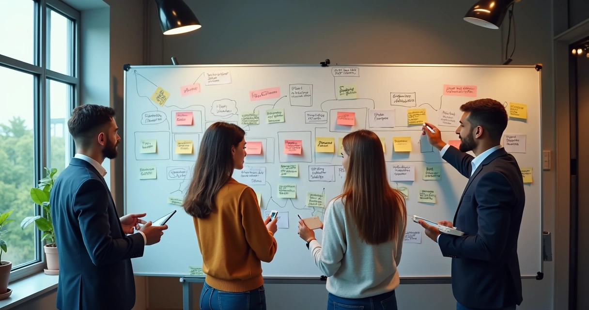 Sala de startups com lousa mostrando processos financeiros e pessoas discutindo. 
