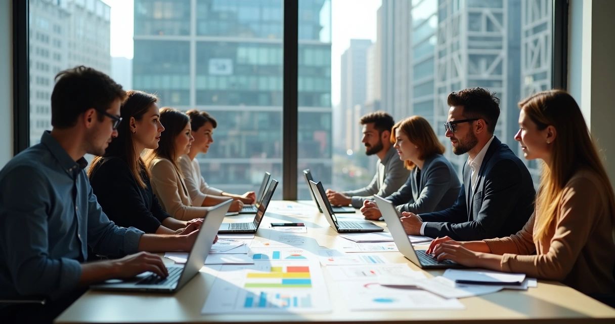 Equipe de startup fintech reunida ao redor de uma mesa discutindo números em notebooks e tablets 