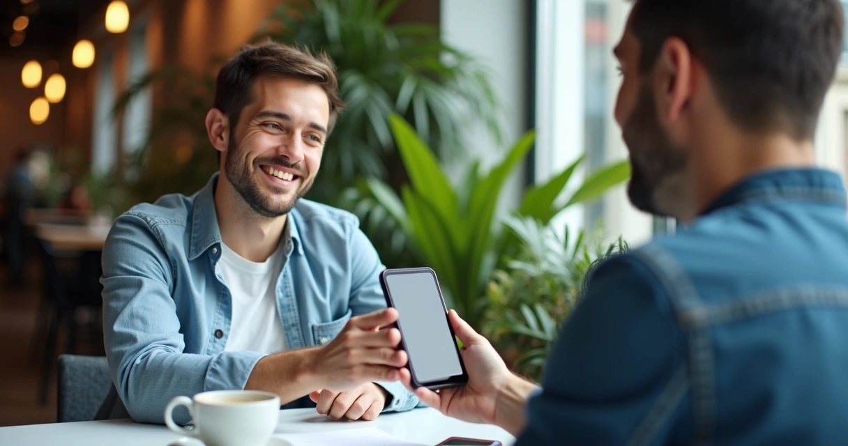 Startup founder handing smartphone to smiling user 