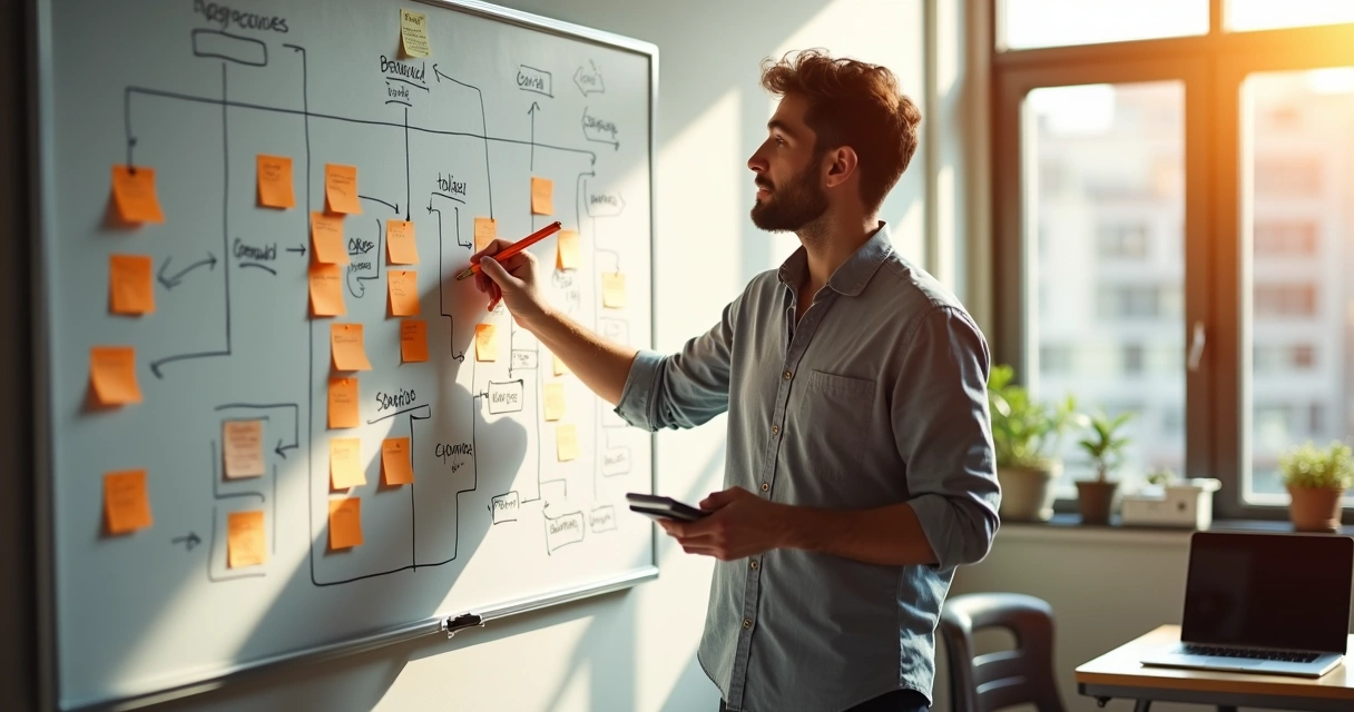 Founder sketches SaaS MVP ideas on whiteboard 