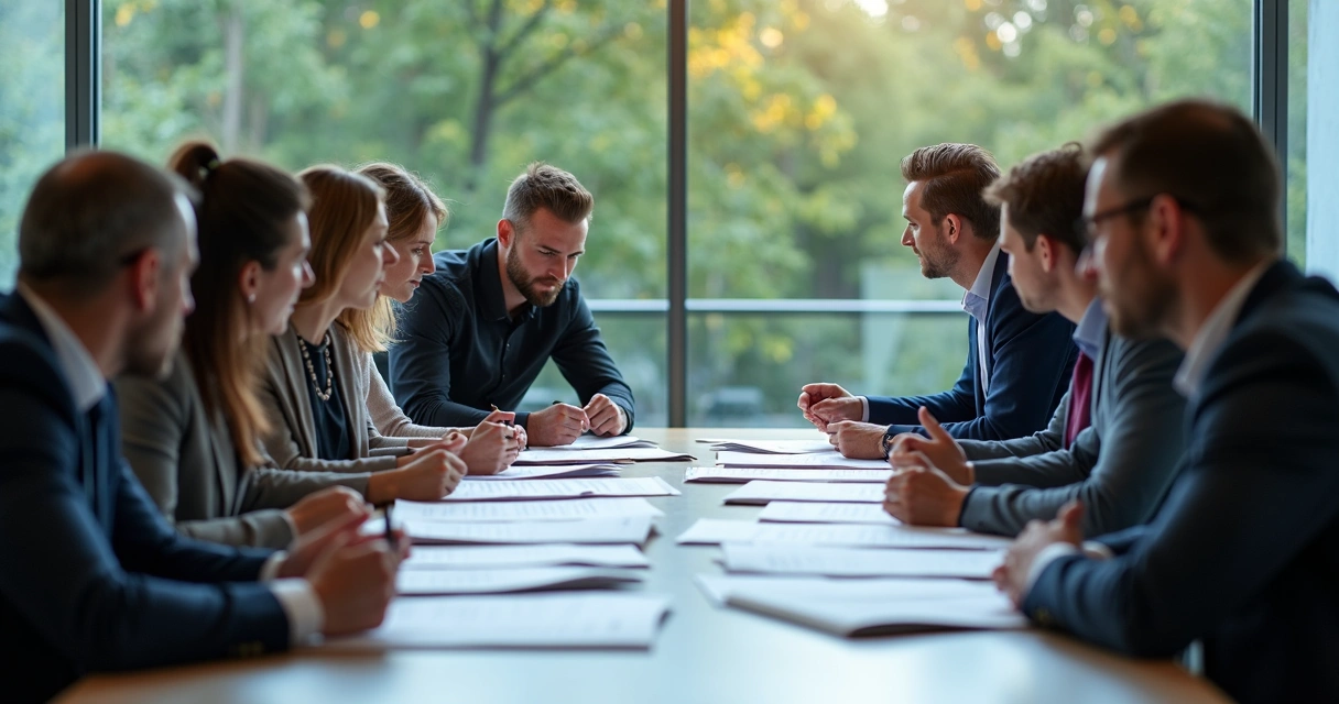 Reunião de governança em startup com equipe revisando documentos em sala moderna 