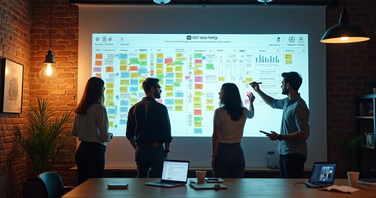 Dashboard de chamados de startup exibido em parede cheia de post-its coloridos e ícones digitais 