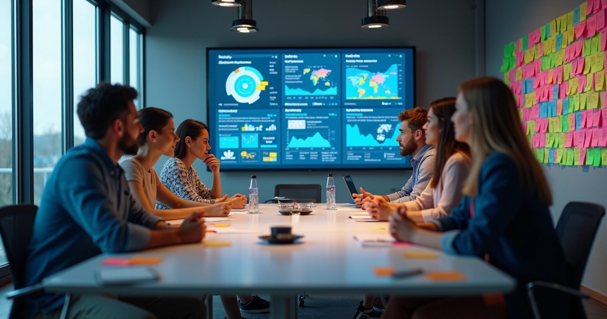 Equipe de startup analisando dashboard de IA projetado na parede 