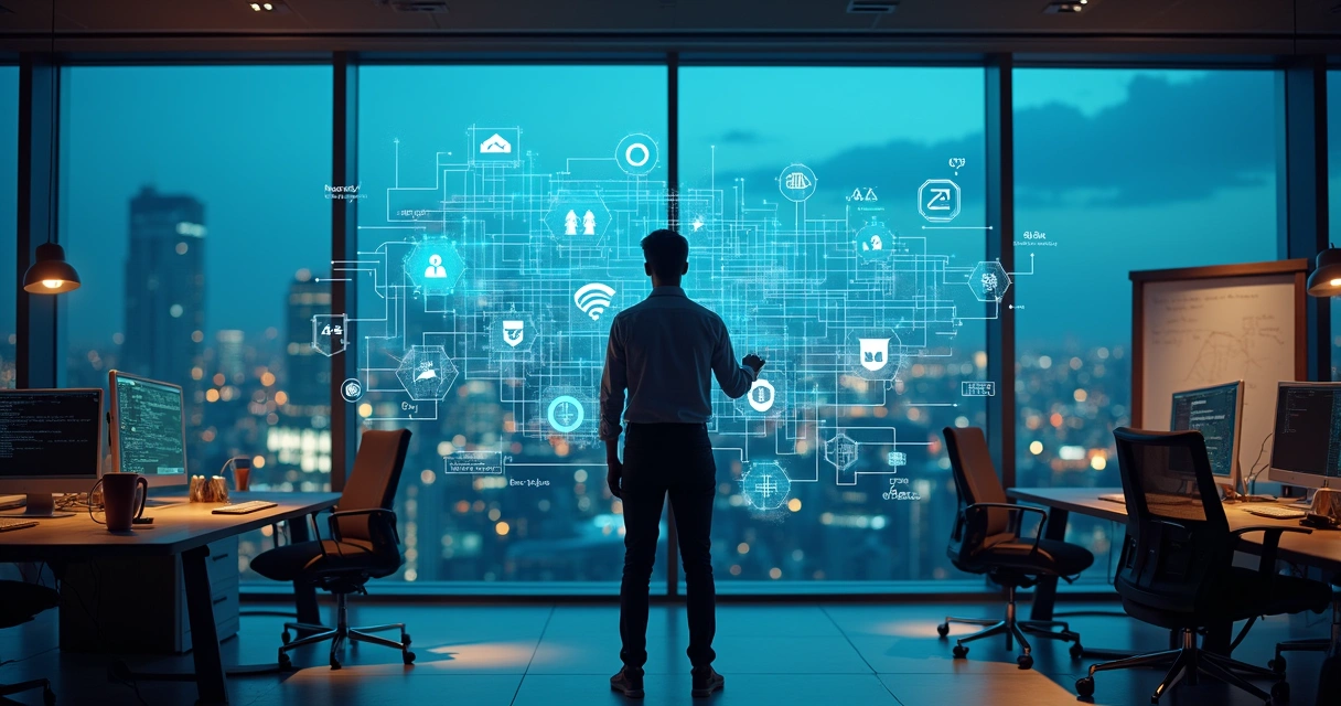 Fundadora de startup em laboratório moderno analisando painel de IA e símbolos de patentes 