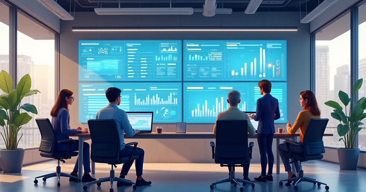 Equipe de startup em ambiente moderno usando dashboards digitais 