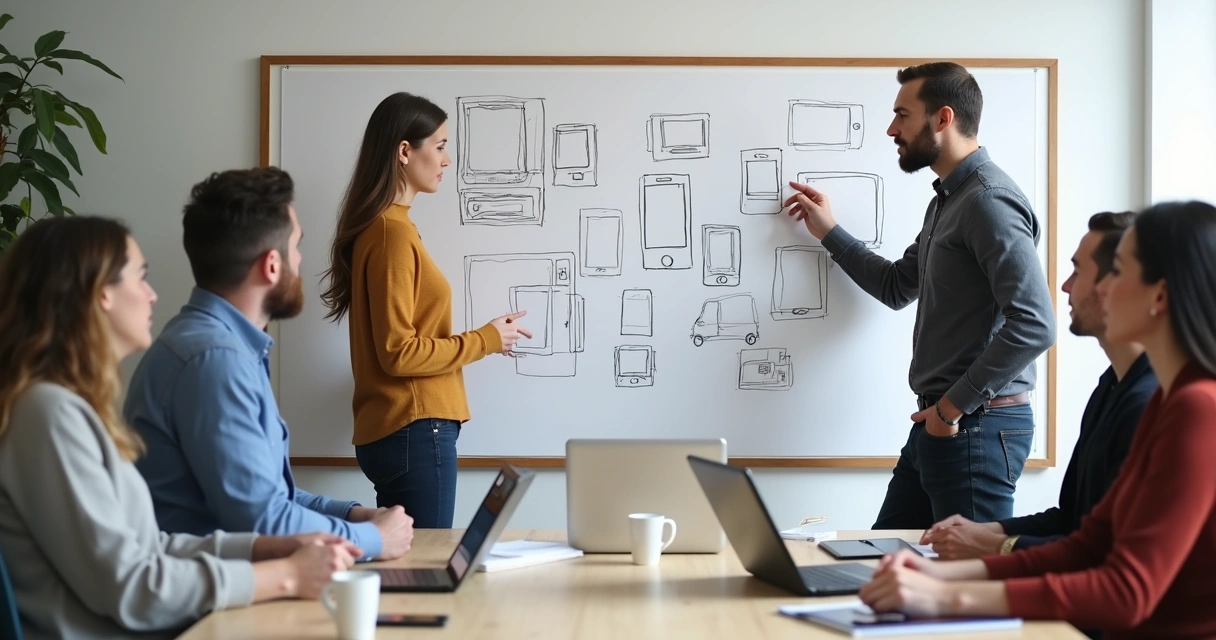 Three people discuss app sketches on a whiteboard 