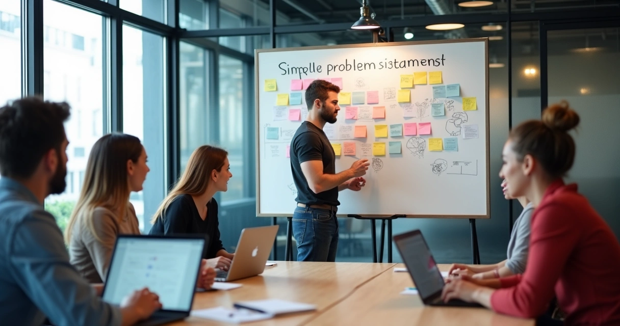 Group around table with whiteboard full of sticky notes 