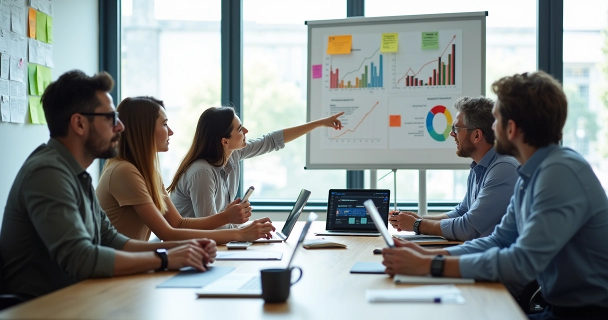 Pessoas reunidas em sala discutindo ideias de negócios com anotações e gráficos digitais projetados