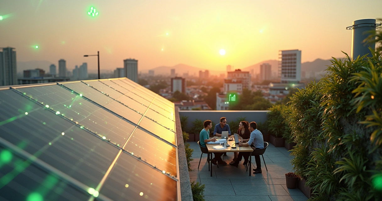 Painel solar em telhado urbano com ilustrações de folhas verdes digitais ao redor 