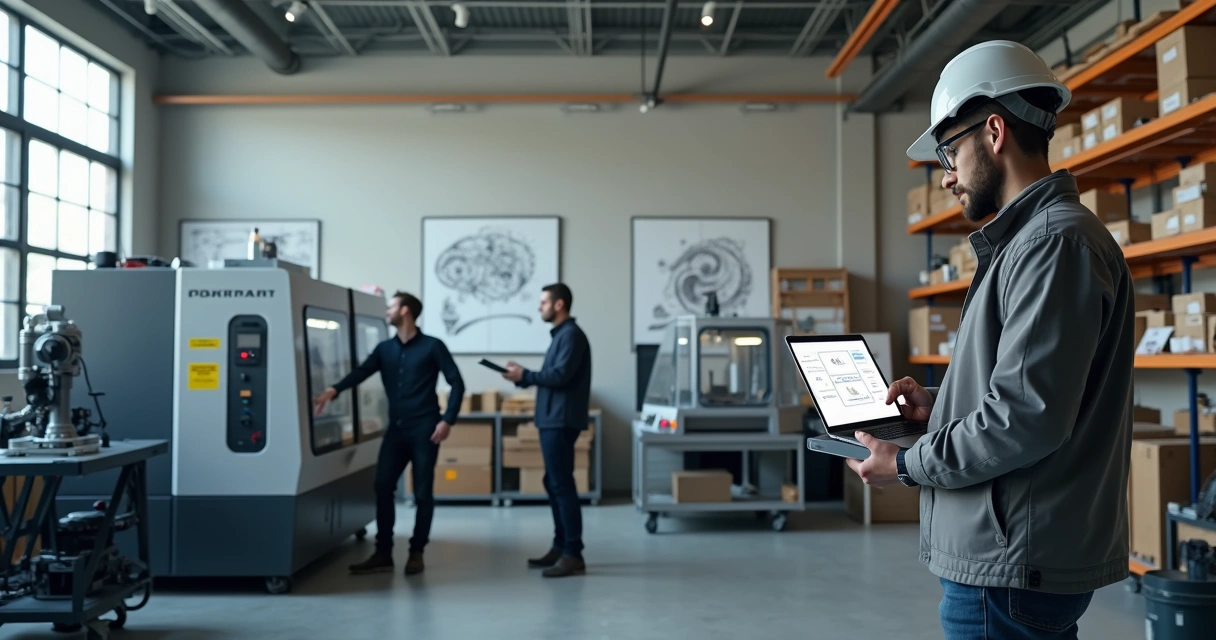 Equipe de startup industrial analisa máquinas compactas com interface digital de segurança 