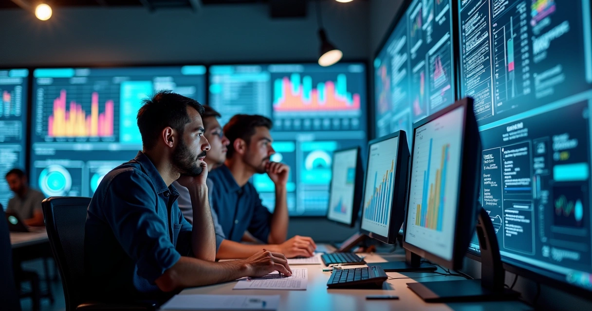 Equipe de startup estudando gráficos de inovação tecnológica 