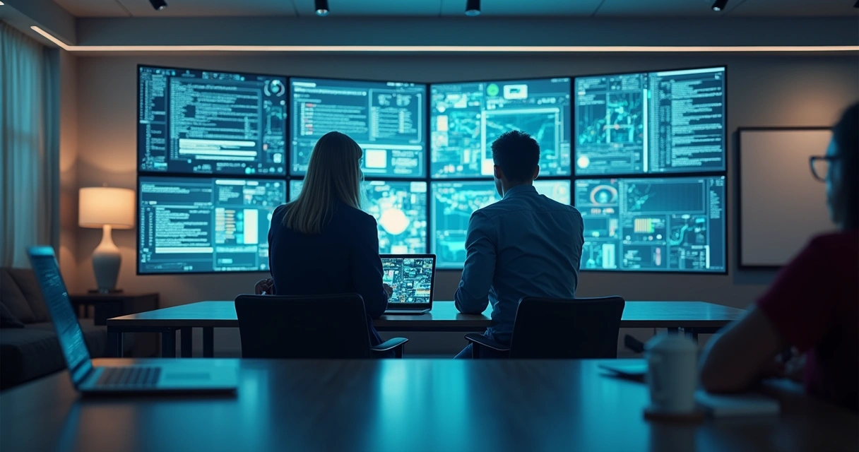 Equipe de startup reunida em ambiente moderno, com tecnologia digital e gráficos de crescimento ao fundo 