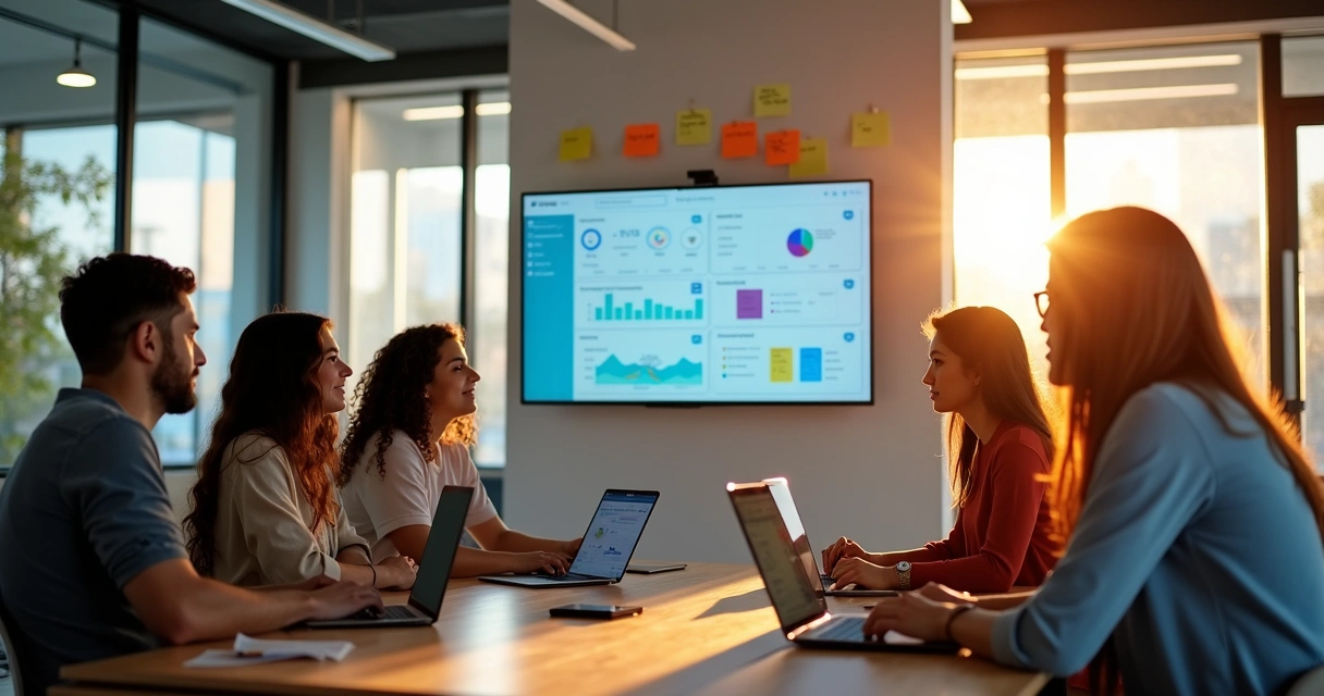 Equipe de startup reunida em volta de uma tela, usando IA no Notion
