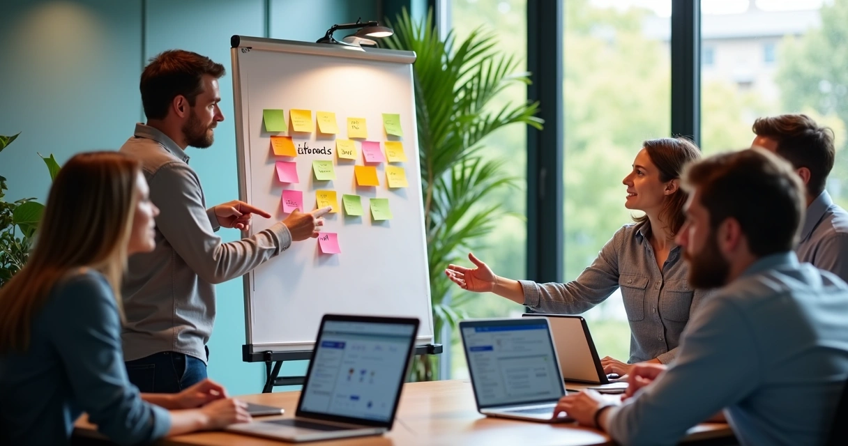 Equipe de startup colaborando ao redor de quadro branco com post-its sobre MVP com IA 