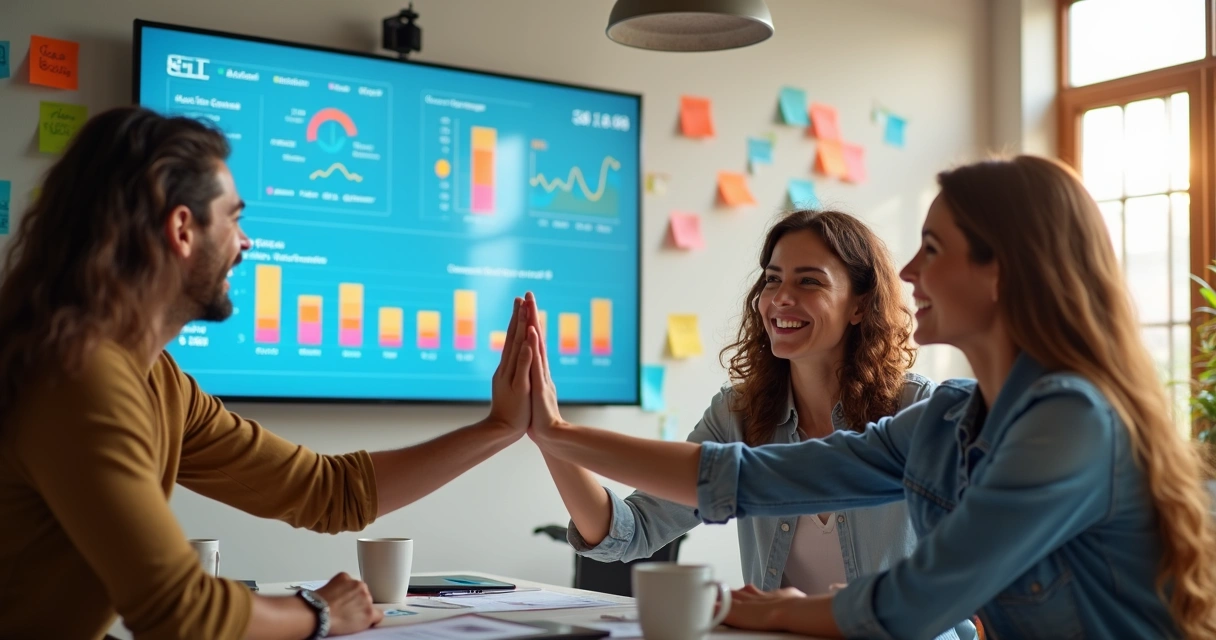 Equipe comemorando resultados em painel de vendas 