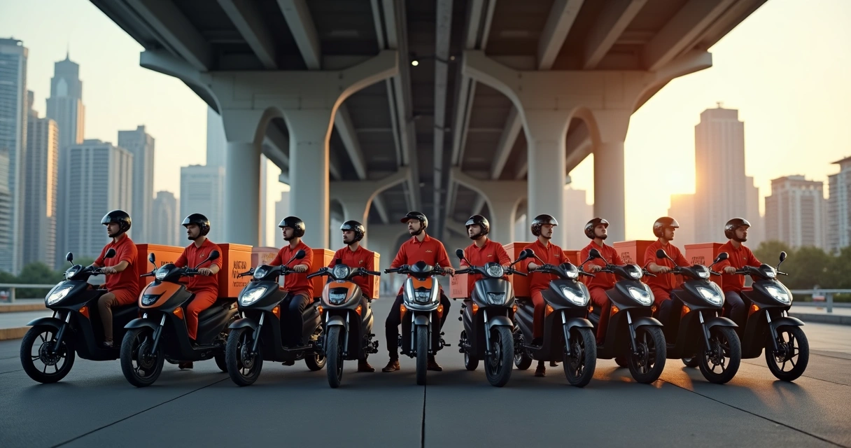 Motocicletas de entregas de startup de logística embaixo de um viaduto urbano 