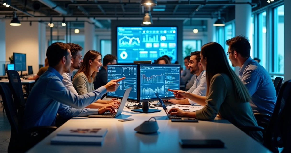 Equipe de marketing digital de startup reunida em frente a computadores analisando dados 