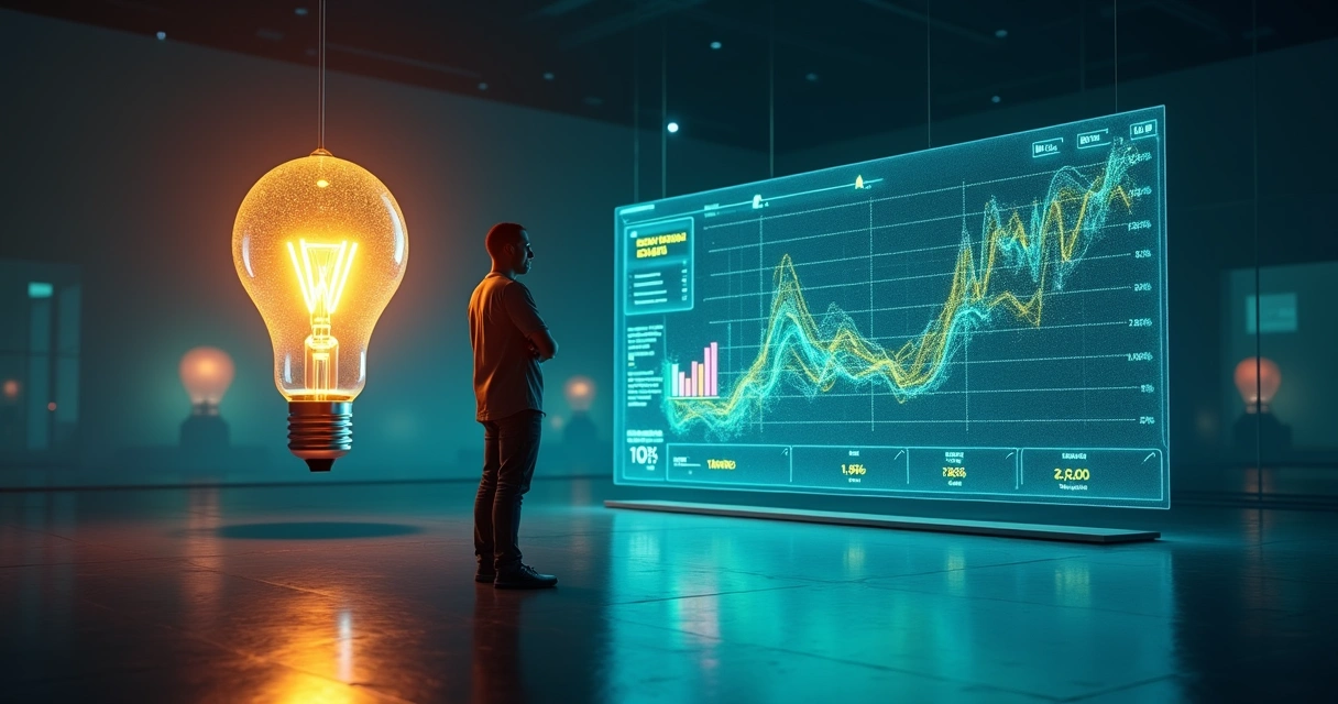 Fundador de startup observando ponte luminosa conectando ideia a métricas em painel 