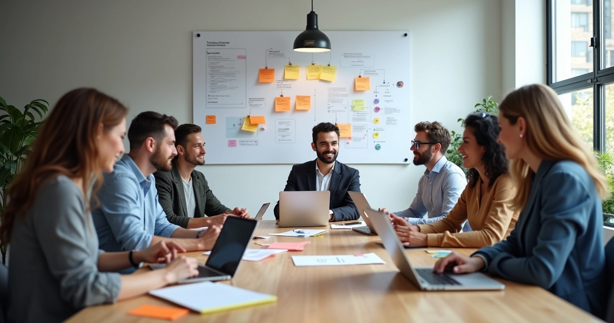 Equipe trabalhando no desenvolvimento de MVP para startup com laptops e quadros brancos 