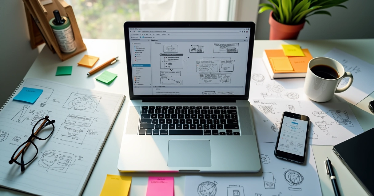 Top view of a modern workspace with a laptop displaying MVP development flowcharts, notebooks with sketches, smartphone showing app prototype, colored sticky notes, and a coffee cup 