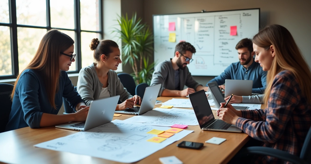 Team collaborating on MVP development with wireframes, laptops, and flowcharts on a modern office table 