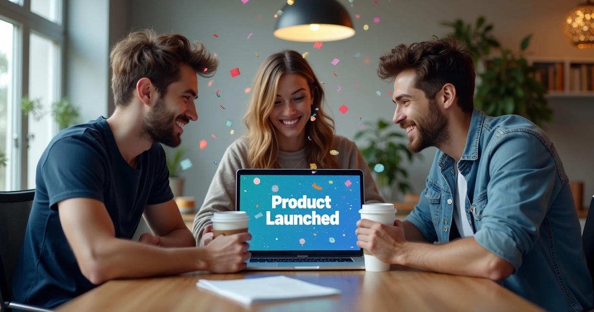 Startup team celebrating successful MVP launch 