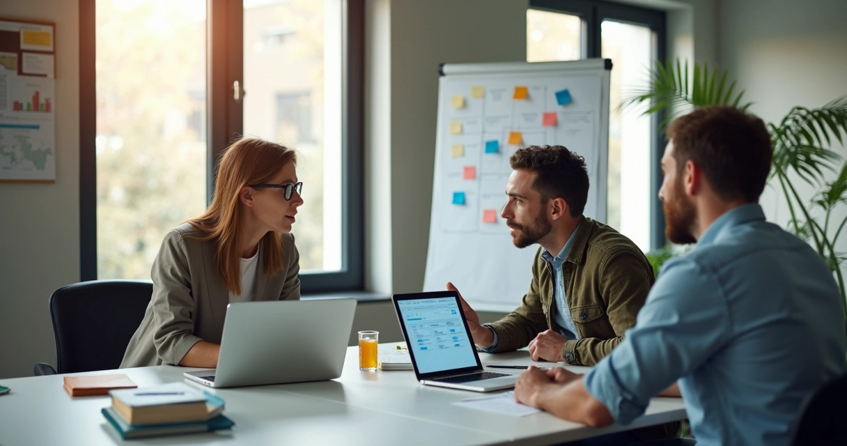 Small team discussing a software prototype in an open office