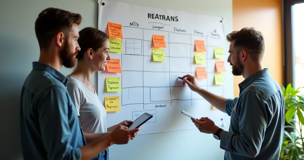 Startup founders reviewing a roadmap for app MVP on a wall 