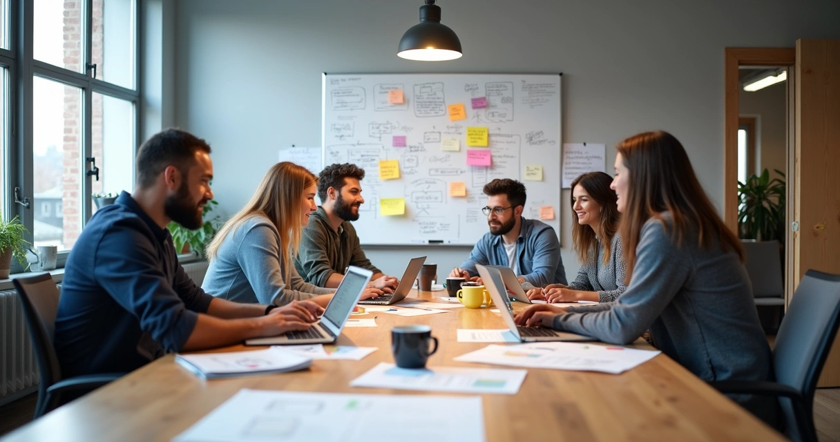 Group of developers collaborating on startup MVP around a table with laptops and wireframes 
