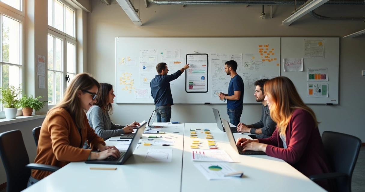 Developers discussing app prototype in bright workspace 