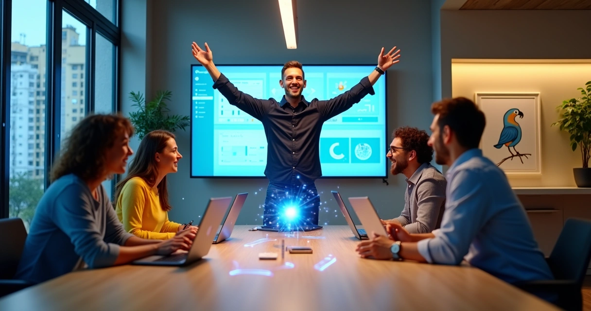 Equipe de startup brasileira comemorando lançamento de app no-code em ambiente moderno 