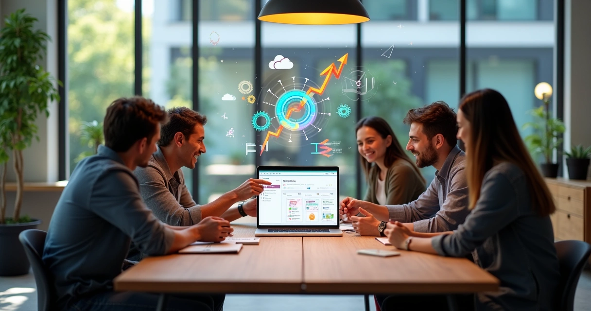 Mesa com laptop aberto mostrando interface de desenvolvimento no-code, ao redor pessoas colaborando e gráficos digitais flutuando no ar 