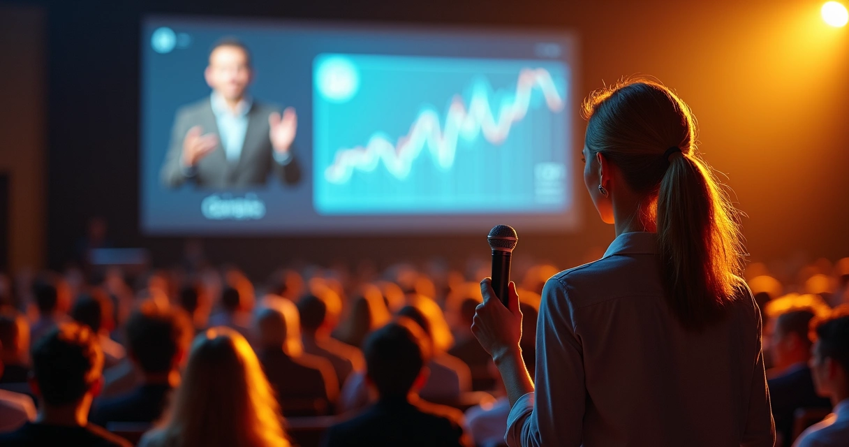 Fundadora de startup apresentando em palco de evento para investidores 