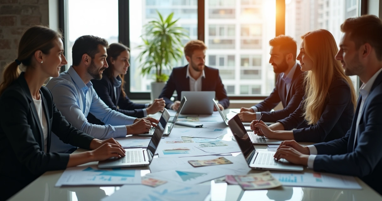 Reunião de equipe de startup analisando formas de pagamento internacional 