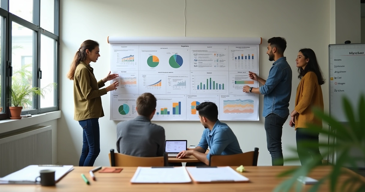 Equipe de startup analisando quadro grande com dados de pesquisa descritiva 